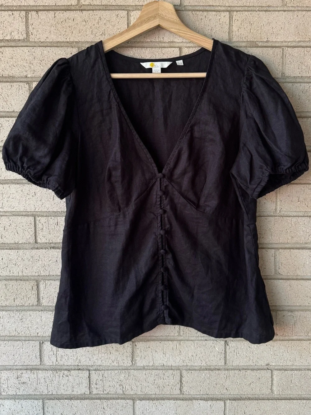 Boden Black Linen Puff Sleeve V-Neck Button Front Blouse Size US 10